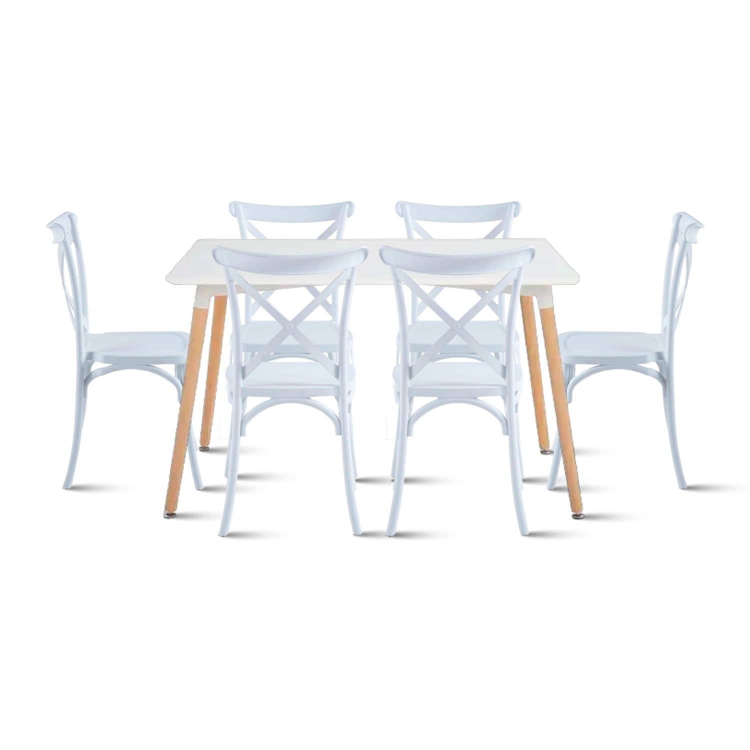 Klik Muebles - Comedor Rectangular Blanco 120x80cms + 6 Sillas Crossback Danubio Blancas