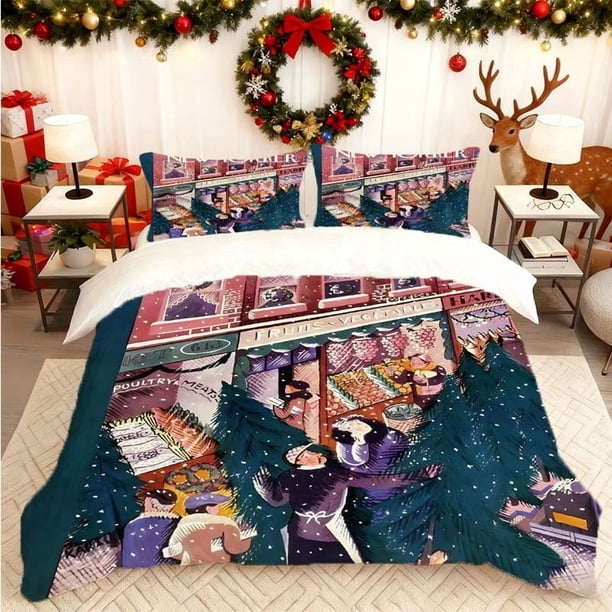 New York Christmas Tree Printed Duvet Cover Set Themed Printed Bedding Set 1 Duvet Cover + 2 Pillowcases 100% Polyester Durable Wrinkle-Resistant Skin-Friendly
