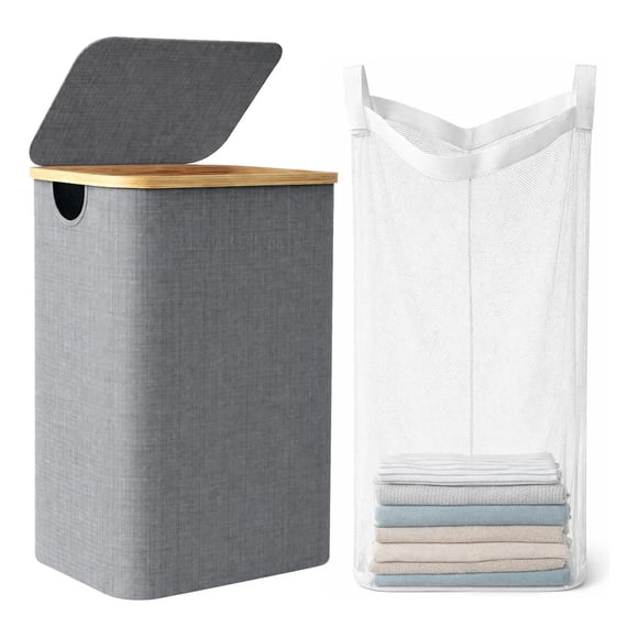 Cesto de Ropa Sucia Plegable 110 Litros con Tapa Borde de Bambu y Bolsa Extraible