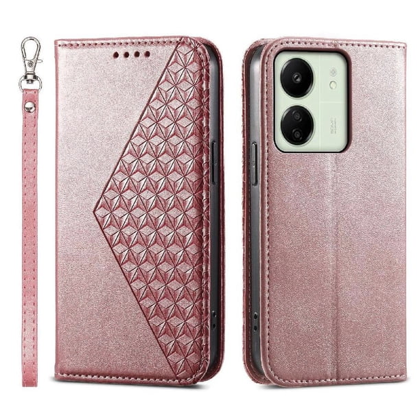 Funda Flip FOXDOCK para Xiaomi Redmi 13C , Estilo Billetera con Diseño Rombo, Correa de Mano y Soporte, Uso Diario