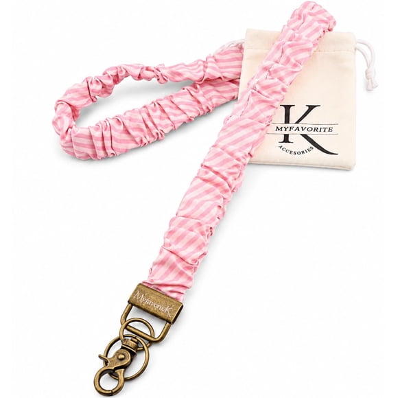 Cordón MyfavoriteK tipo Scrunchie con Porta Credencial – Rayas Rosadas