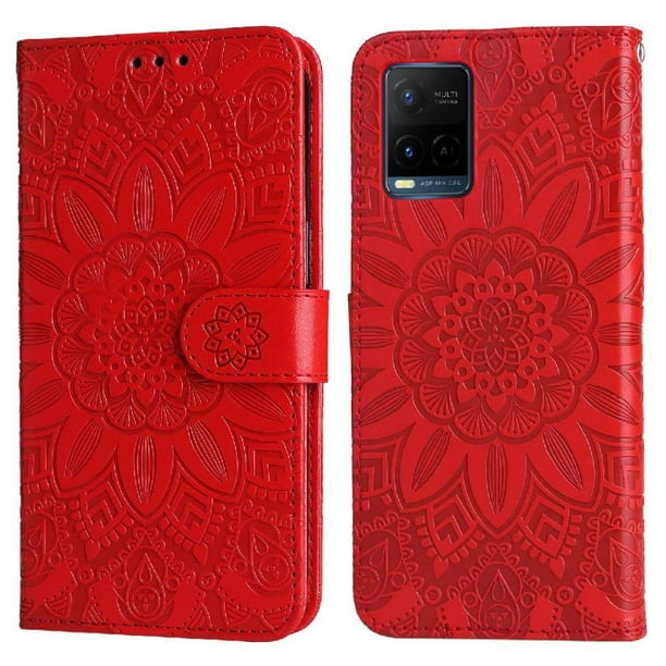 Funda tipo cartera FOXDOCK para Vivo Y33s 4G , diseño girasol en relieve, cuero PU, cierre magnético, soporte y tarjetero