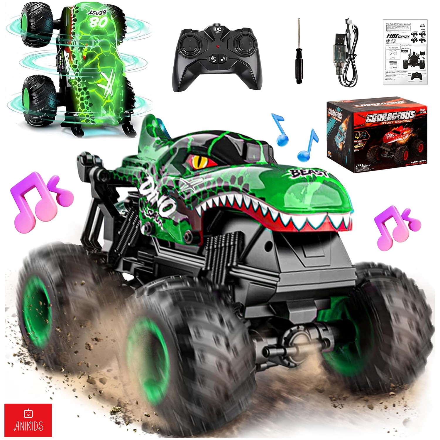 Anikids - Auto Truco Monstruo Control Remoto Luz Música Juguete Niños Verde