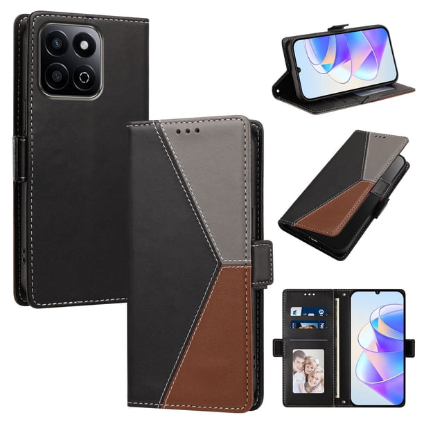 Cartera Plegable para Honor 200 Smart, PU Tricolor con Ranuras, Negro
