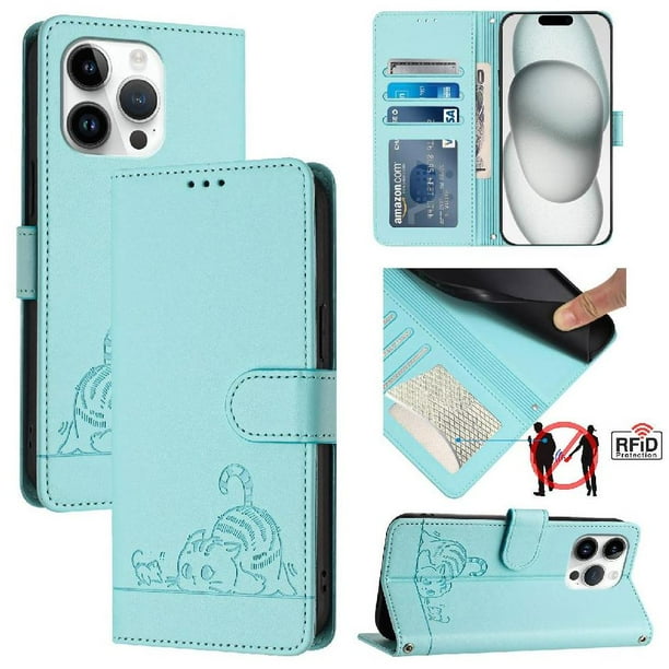 Funda tipo cartera FOXDOCK para iPhone 13 Pro MAX con soporte, ranuras, RFID, diseño de gato