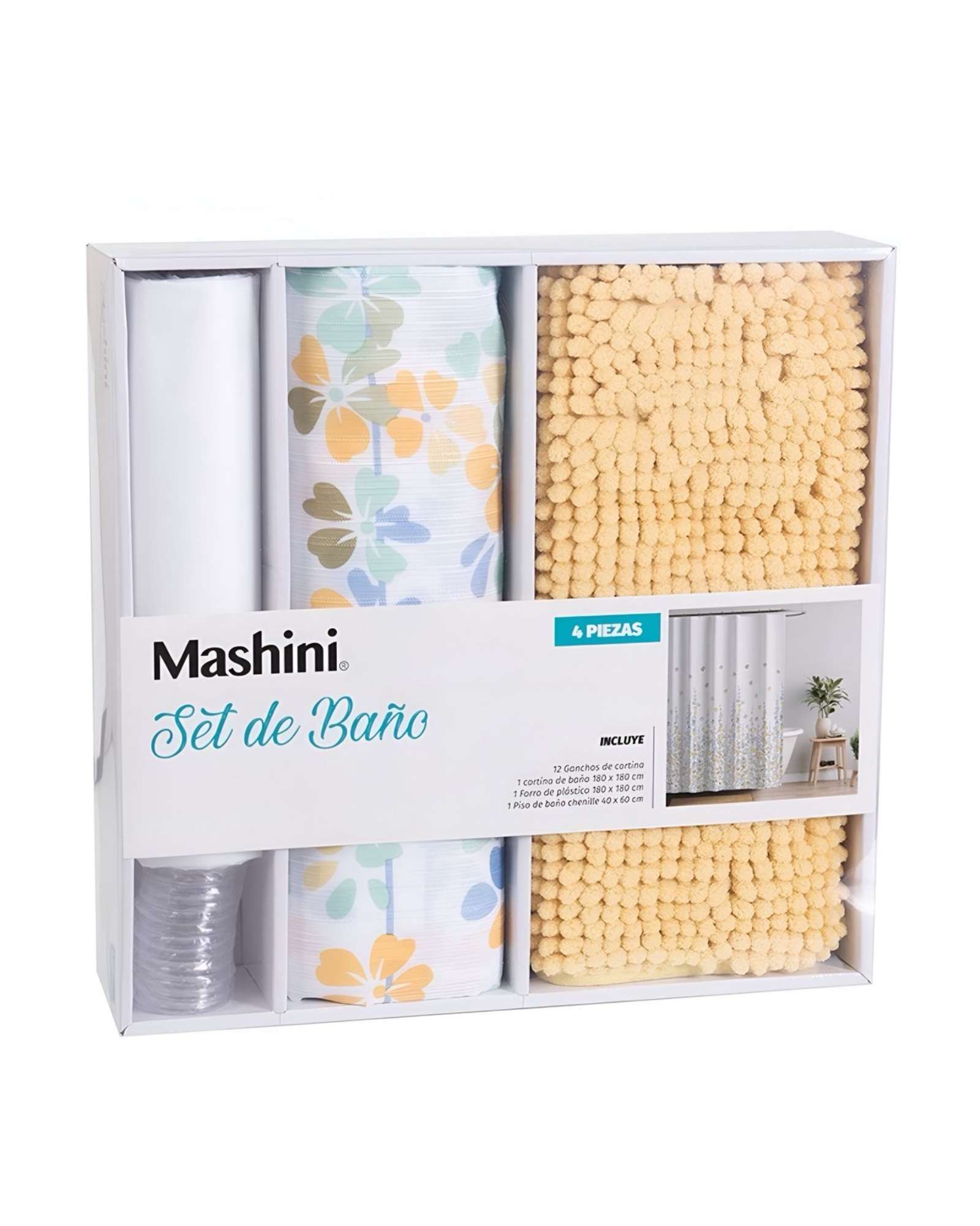 Set De Baño En Caja 4 Piezas Cortina Con Alfombra Mashini