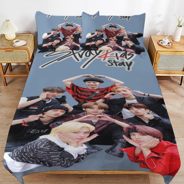 Stray Kids Bedding Set Duvet Cover Comfortable and Lightweight Cartoon Bedding 3 Piece Bed Set