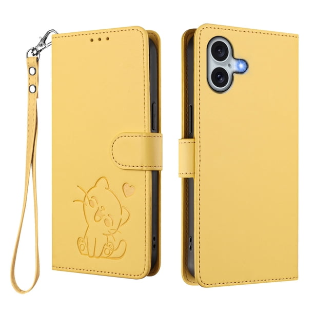 Funda Billetera con Relieve de Gato para iPhone 16 Plus, Amarillo