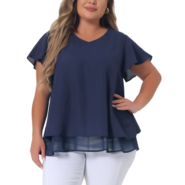 Agnes Orinda Blusa de Chifón para Mujer Talla Grande con Volantes, Mangas Cortas, Cuello en V, Dobladillo de Doble Capa, Casual, Talla 1X, Azul Marino