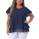 thumbnail image 1 of Agnes Orinda Blusa de Chifón para Mujer Talla Grande con Volantes, Mangas Cortas, Cuello en V, Dobladillo de Doble Capa, Casual, Talla 1X, Azul Marino, 1 of 8