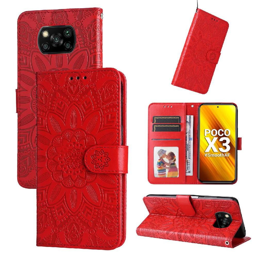 Funda Tipo Cartera Foxdock Para Xiaomi Poco X3 Nfc , Diseño Girasol En Relieve, Cuero Pu, Cierre Magnético, Soporte Y Tarjetero