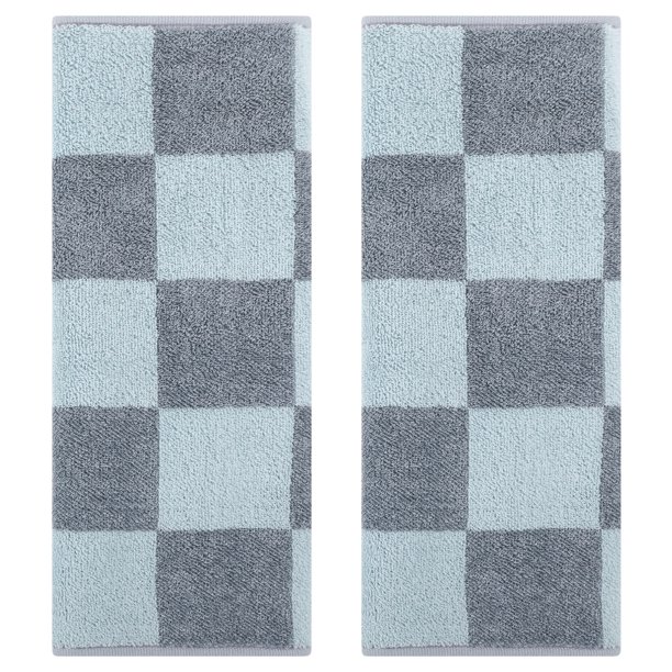 REGALWOVEN Juego de Toallas Decorativas de Baño a Cuadros 14" x 28", Toallas de Mano de Algodón Suaves y Absorbentes para Spa, Baño, Gimnasio, Cocina Cuadro gris y azul claro 2 piezas