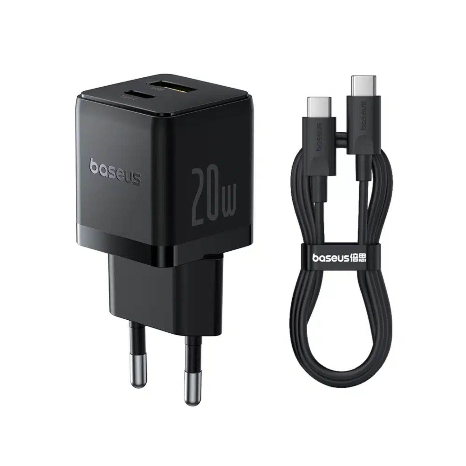 Cargador Rápido Baseus Palm Cluster Usb Y Tipo C 20W + Cable Tipo C A Tipo C Negro