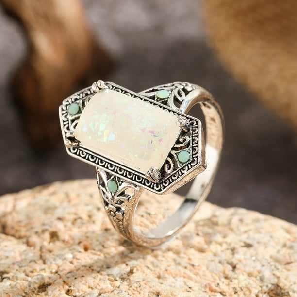 1pc Elegant Square White Opal Ring with Antique Silver Finish
