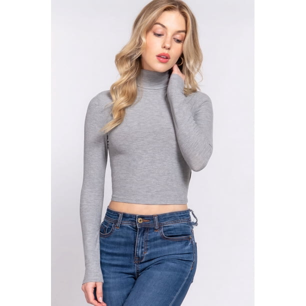 Saronite Top Corto Básico de Punto Acanalado con Cuello Alto, Manga Larga y sin Costuras, Gris (para Mujer)