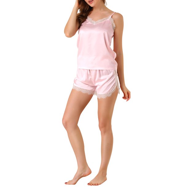 INSPIRE CHIC Conjunto de Pijamas de Encaje para Mujer, Camiseta de Tirantes y Shorts, Ropa de Dormir de Satén con Escote en V, Tallas XS-XXL, Rosa, Talla X-Small