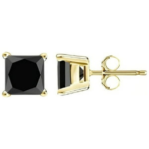 Pj Jewelry - Aros Paris Jewelry 10K Yellow Gold Created Black Sapphire 1 Carat Square Cut Stud