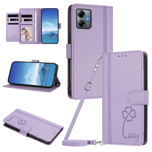 Funda Cartera Trébol para Motorola Moto G Power 2025 con Ranuras Tarjetas y Carga Inalámbrica Morado claro