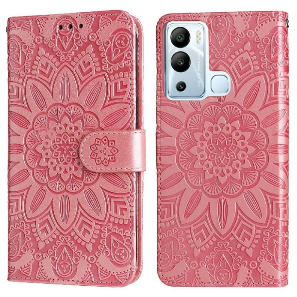 Funda tipo cartera FOXDOCK para Infinix Hot 12i , diseño girasol en relieve, cuero PU, cierre magnético, soporte y tarjetero