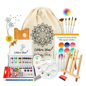 Celebra Ideas - Set Arte Pinturas Acrílicos Kit Croquera 10 Lienzos 32 Pcs