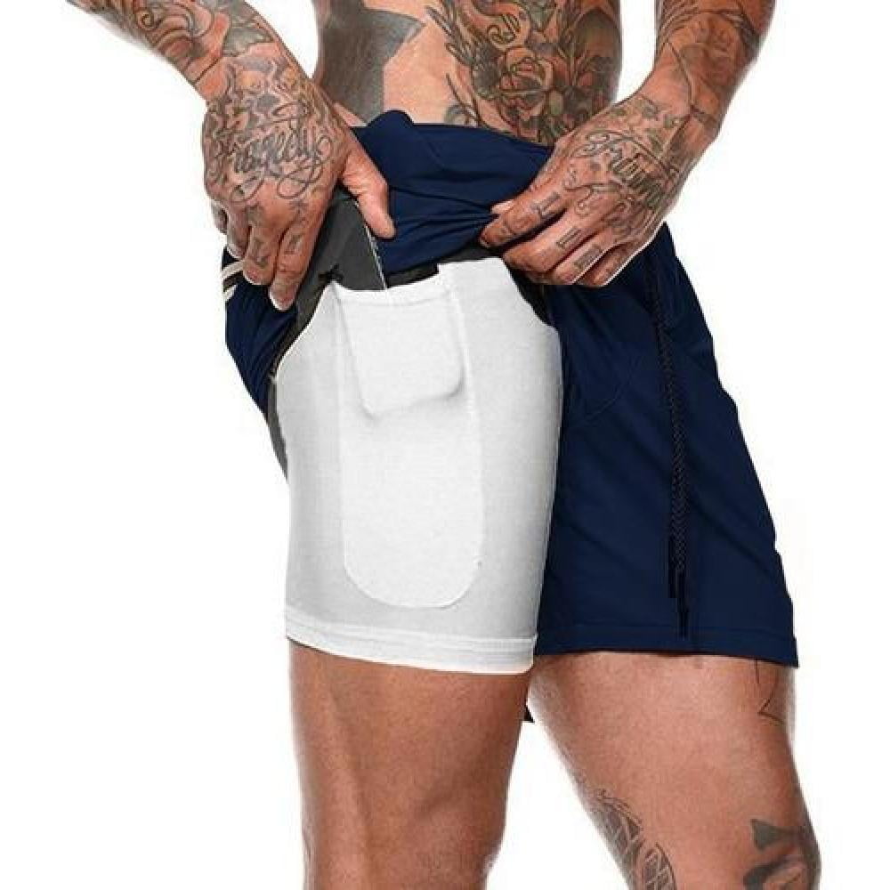 Genérico - Short Gimnasio Hombre Con Calza Y Bolsillo Para Celular Talla M Azul Oscuro Calza Blanca