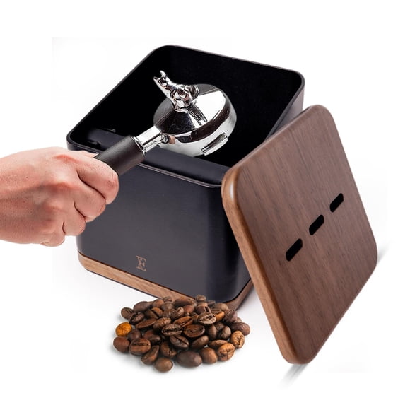 Caja de golpeo para espresso Encanto Luxe 1 L, acero con base de nogal