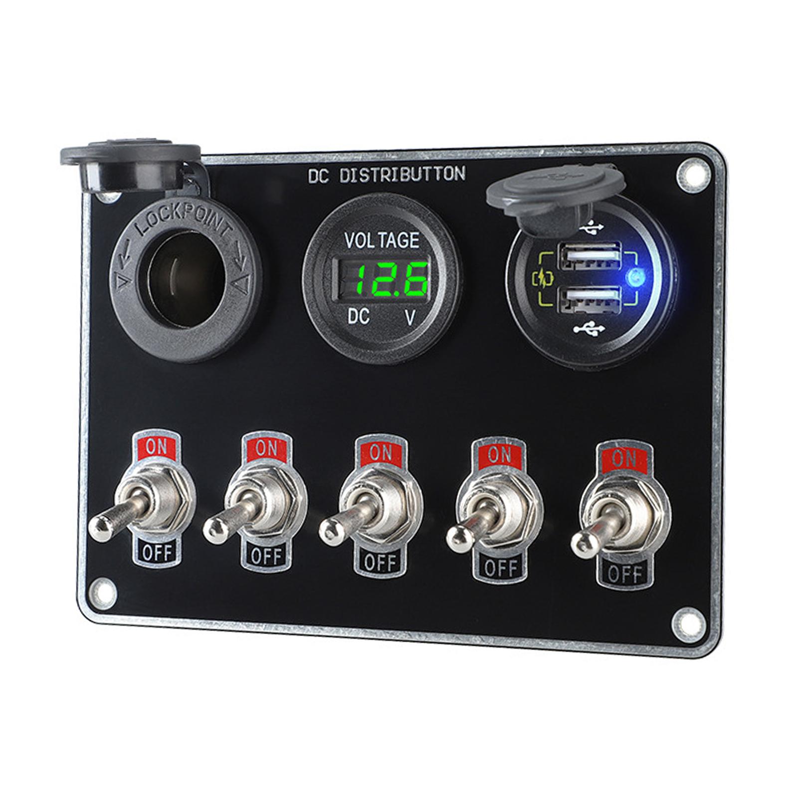 Magideal - Panel De Interruptor De Barco De 5 Bandas Para Coche, Control De Circuito, Voltímetro Digital, Usb Dual, Universal, 12V/24V, Multifunción, Luz Verde