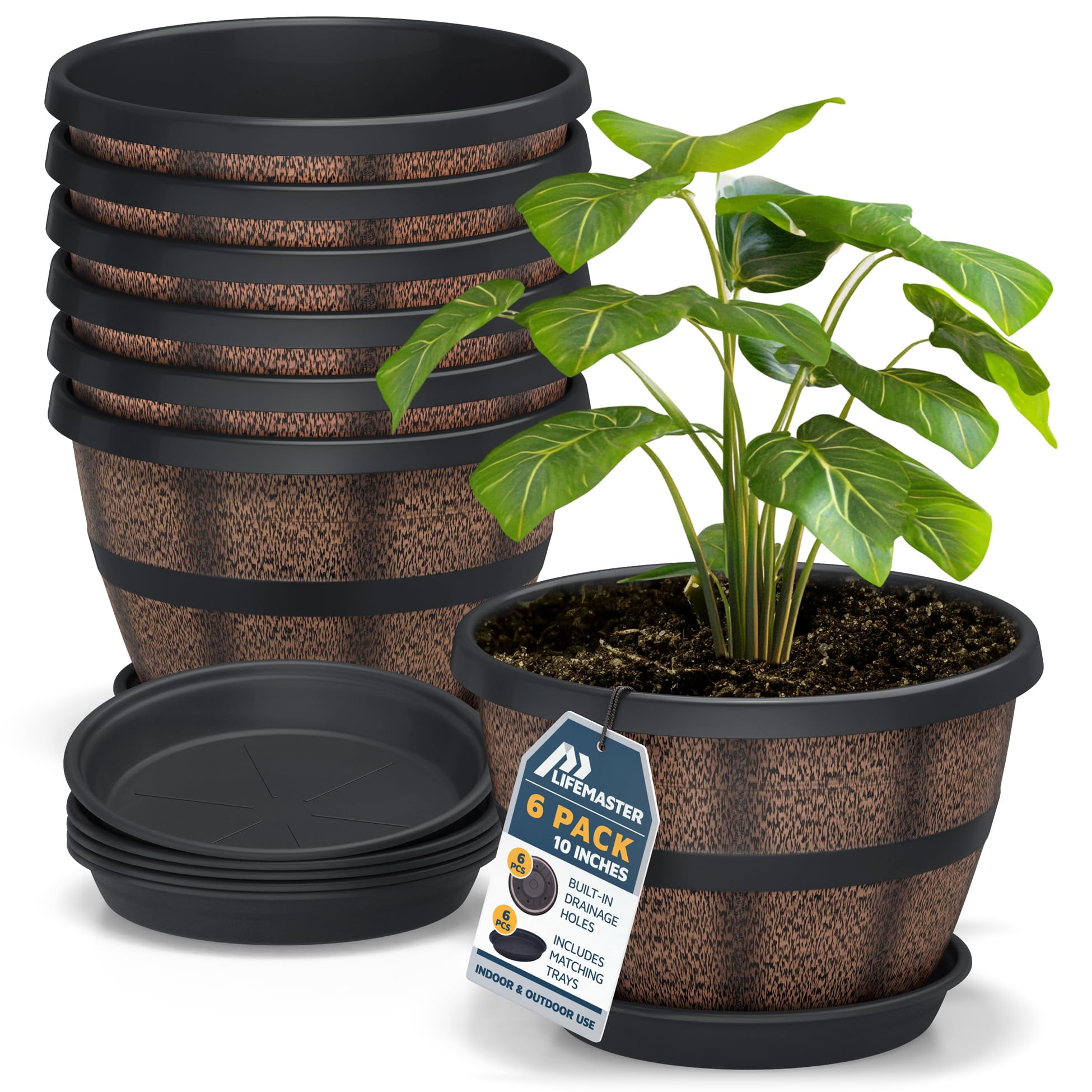 Macetas Tipo Barril De Whisky Planters Lifemaster De 10" - Paquete De 6