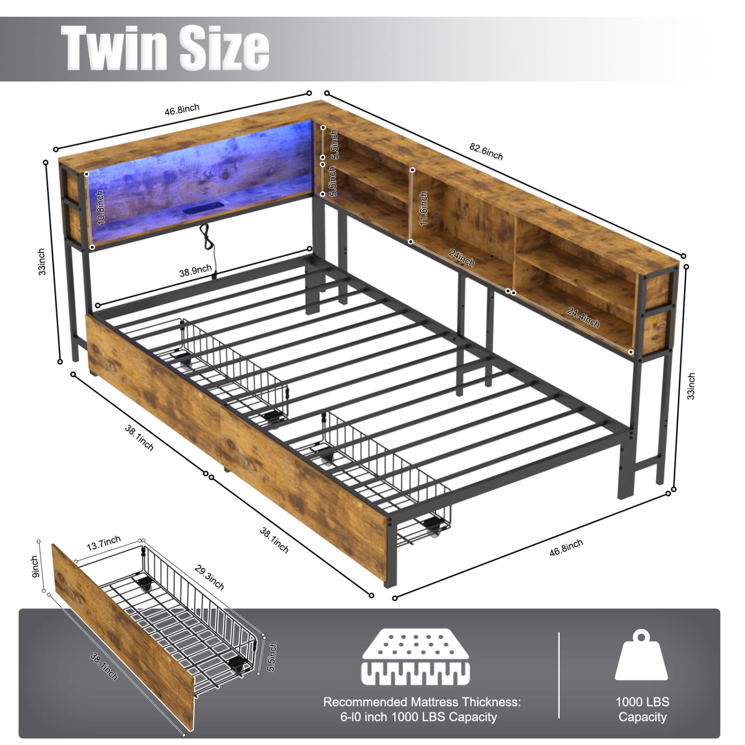 M&ms - Twin Corner Daybed With Storage Drawers, Bookcase Headboard, Led Lighting & Usb Charging Station