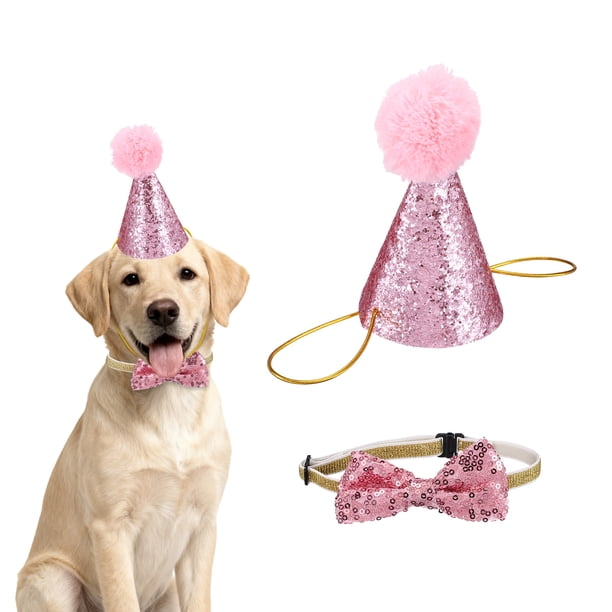 Sombrero de Cumpleaños para Perros Uxcell y Corbata de Moño, Sombreros Pequeños para Perros Gatos Sombrero de Fiesta de Cumpleaños con Pompones Decoración Ajustable (Rosa, 1 Pza)