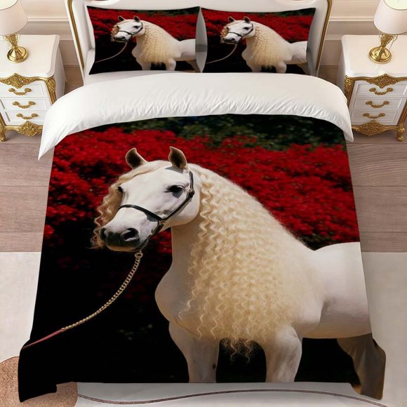 White Horse with Golden Mane and Red Flowers Themed Printed Bedding Set | Comfortable Polyester Duvet Cover and 2 Pillowcases Ideal for All Seasons