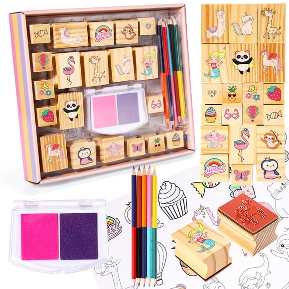 Juego de sellos y pegatinas YOYTOO de madera con unicornio para niños de 4 a 10 años