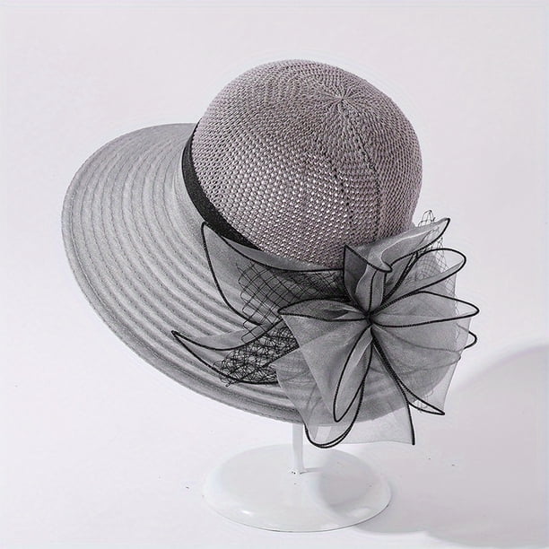 Women's Wide Brim Straw Bucket Hat with Floral Mesh Fascinator for Church, Weddings, and Beach Sun Protection - Perfect Valentine's Gift