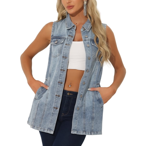 INSPIRE CHIC Chaleco de Mezclilla para Mujer sin Mangas con Botones de Largo Medio Casual Chaleco de Jean Gris Azul S
