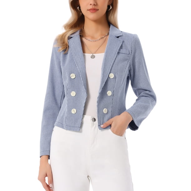 INSPIRE CHIC Blazer a Rayas para Mujer con Solapa de Muesca, Manga Larga, Frente Abierto, Casual, Oficina, Traje, Talla S, Azul Oscuro
