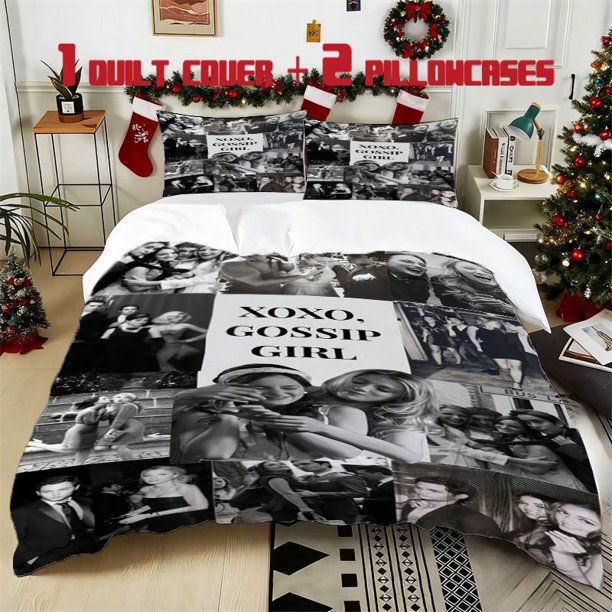 3pcs Gossip Girl Black and White Printed Bedding Set Soft Duvet Cover with 2 Pillowcases All Season Comfort