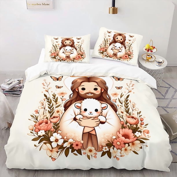 Duvet Cover Set White with a Floral Pattern of Jesus Holding a Lamb Suitable for Bedroom Bedding Decoration