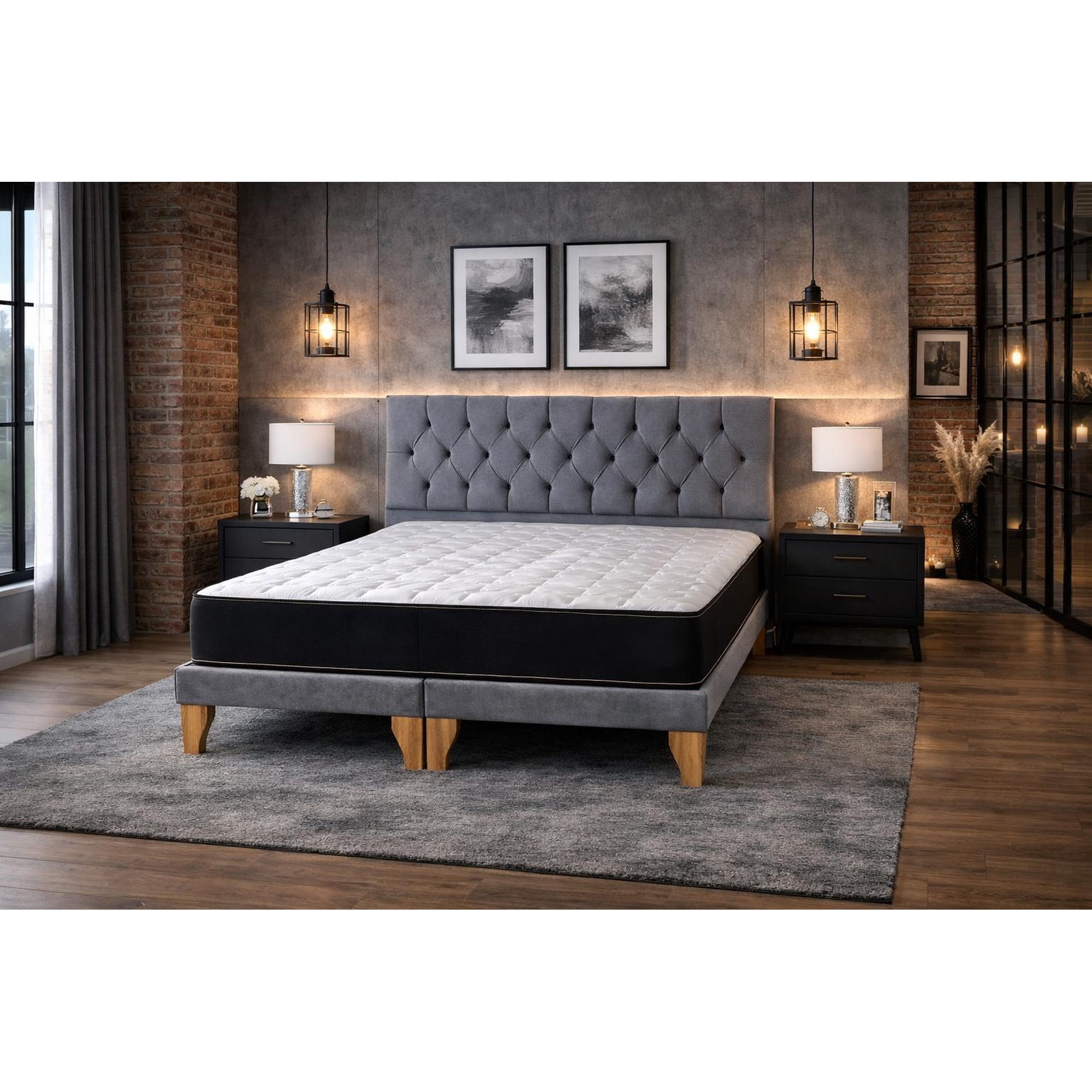 Genérico - Cama Europea 2 Plazas Completa Base Dividida Capitone Gris