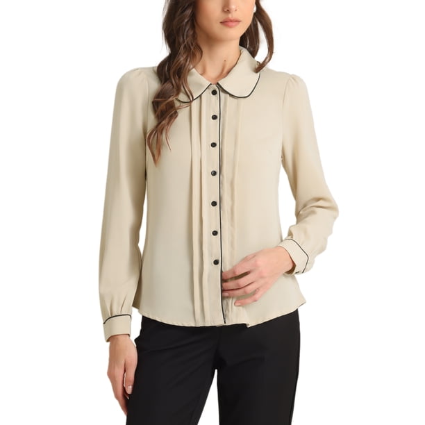 INSPIRE CHIC Blusa de Mujer para Regreso a Clases con Cuello Peter Pan, Manga Abullonada, Ribete en Contraste, Camisa Abotonada M Caqui Claro