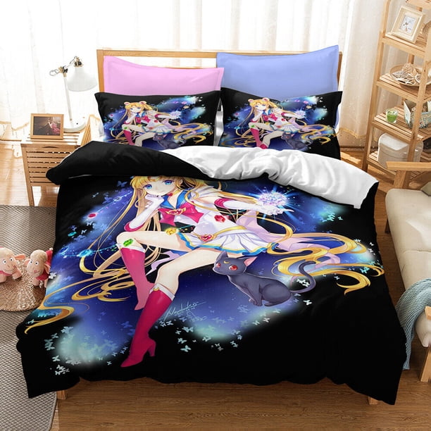 Sailor Moon Anime Quilt Duvet Set Bedding Set Pillowcase 3-Piece Bedding Set (1 Duvet Cover + 2 Pillow Shams)
