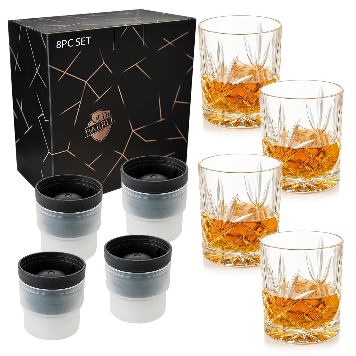 Old Barrel Bar Supplies - Set De Vasos De Whisky Old Barrel De Cristal De 300 Ml Con Moldes Para Bolas De Hielo
