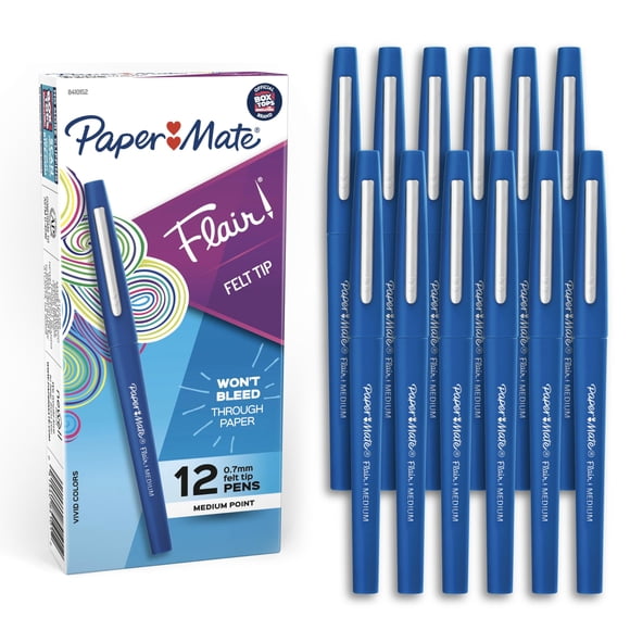 Bolígrafos con punta de fieltro Paper Mate Flair de punta mediana, azul, 12 unidades