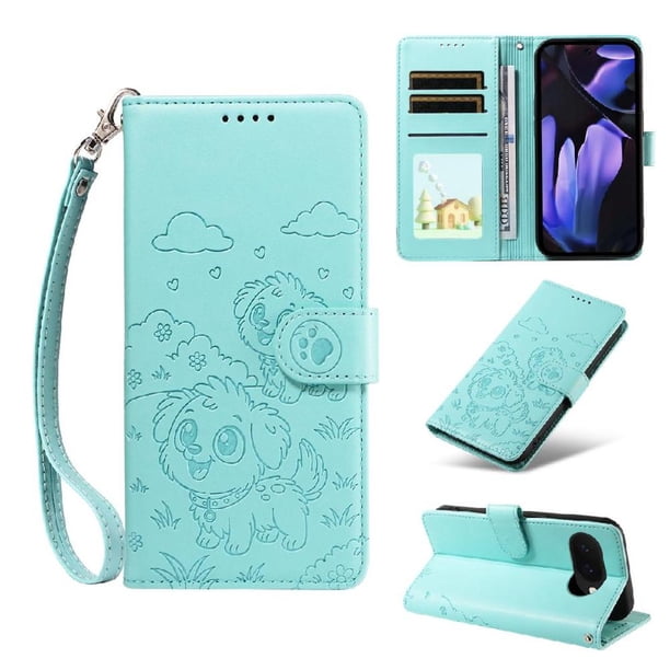 Funda Cartera para Google Pixel 9A Perro Cachorro Grabado con Tarjetas Soporte Correa Verde