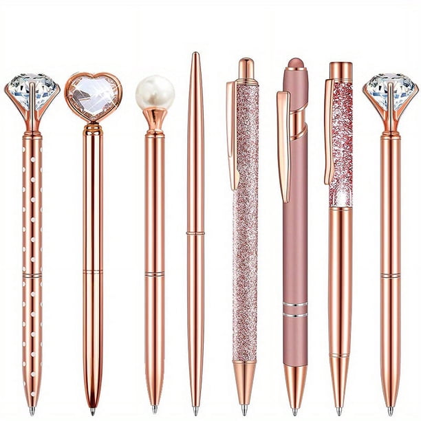 Stylish 8-Piece Rose Gold Ballpoint Pen Set with Quicksand Glitter and Artificial Diamondoid - Perfect Gift for Girls!