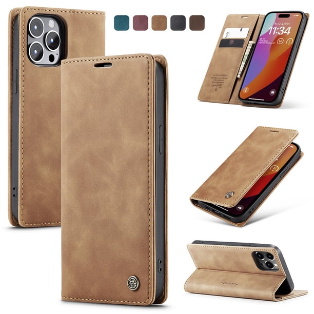 CaseMe Funda de Cuero para iPhone 15 Pro Max, Funda de Cuero Tipo Billetera con Tarjetero, Cierre Magnético, a Prueba de Golpes, Soporte, Funda Protectora para iPhone 15 Pro Max, Marrón