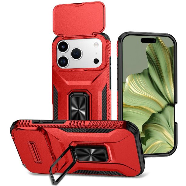 Funda Armada para iPhone 17 Pro Max con Tapa Deslizante y Soporte Magnético Giratorio Rojo