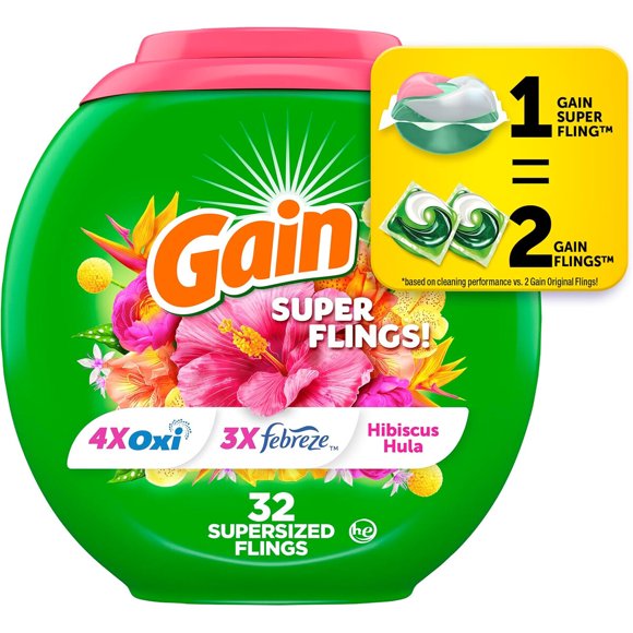 Gain Super Flings Laundry Detergent Pacs, 32 Count, Hibiscus