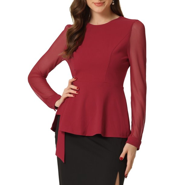INSPIRE CHIC Blusa de Mujer con Manga Larga Transparente de Malla Cuello Redondo con Cinturón Top Peplum de Trabajo S Rojo