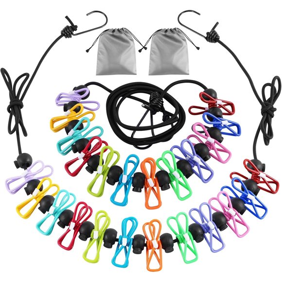 2 Pack Camping Clothesline Portable 12 Clothespins, Colorful
