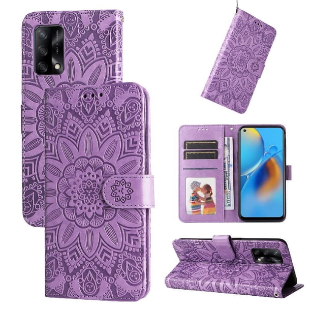 Funda tipo cartera FOXDOCK para OPPO Reno 6 Lite , diseño girasol en relieve, cuero PU, cierre magnético, soporte y tarjetero